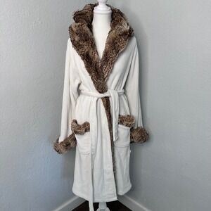 Potterybarn Womens Cream Fleece Hooded Robe Faux Fur Trim Medium
